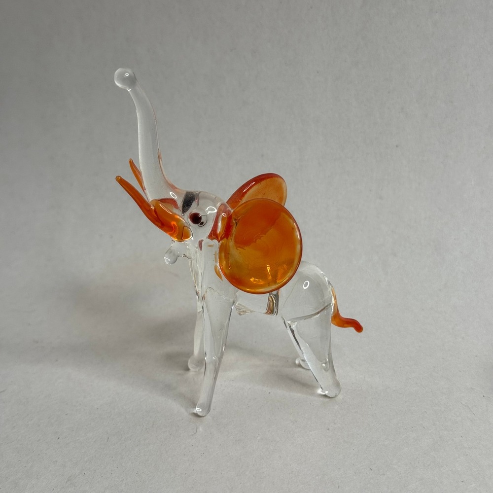 Hand Blown Glass Elephant Figurine Orange Accents Clear Trunk Up Decor